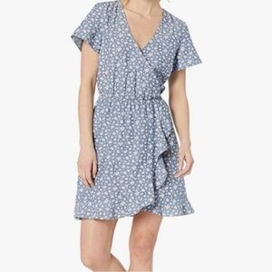 J. Crew Blue Floral Printed Chambray Ruffle Faux-Wrap Dress